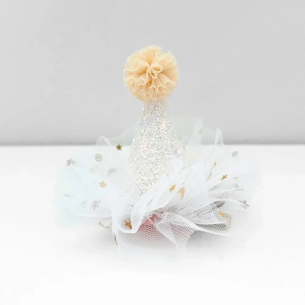 NWT Cute Princess Happy Birthday Hat Girls Hair Clip White & Gold Glitter